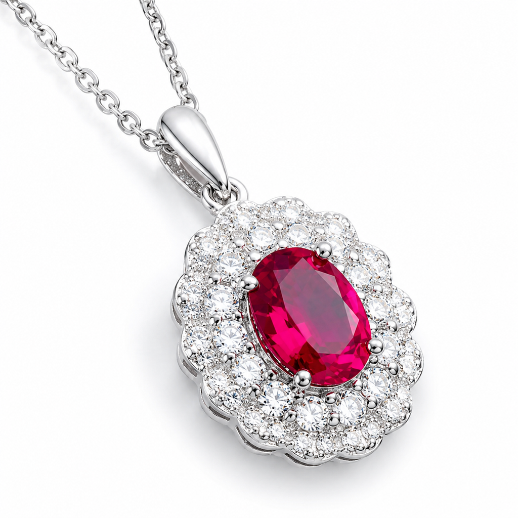 Red Lab-Grown Gemstone Pendant Necklace, Silver Chain