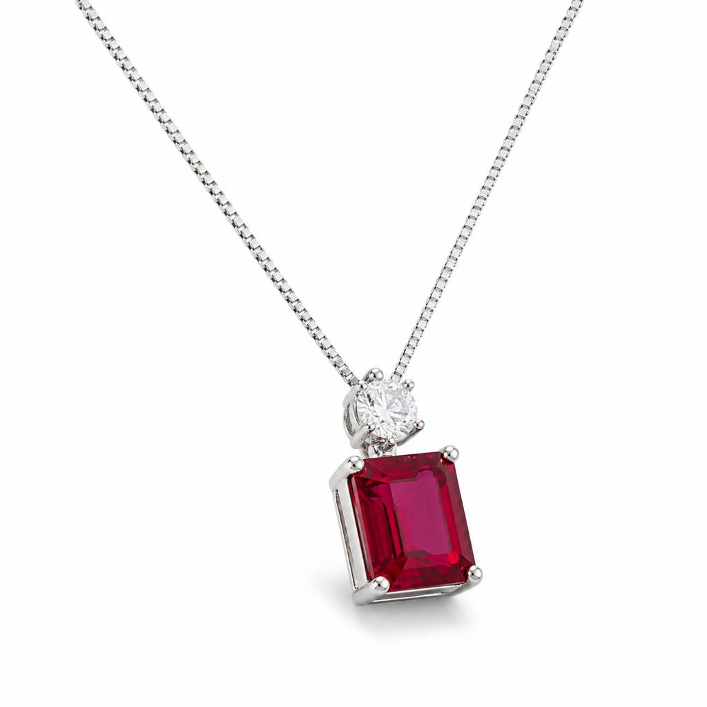 Red Lab-Grown Gemstone Pendant Necklace, Silver Chain