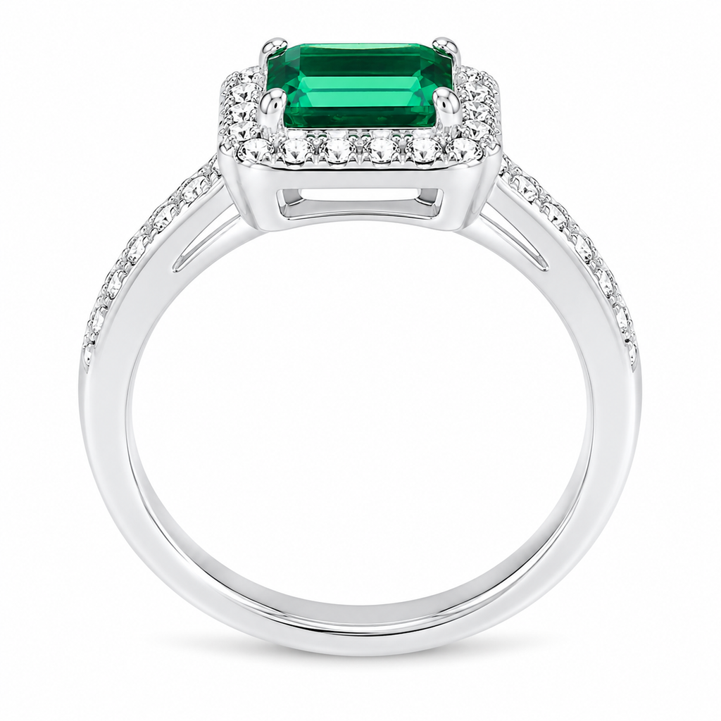 Emerald & Diamond Halo Ring, 925 Sterling Silver Band