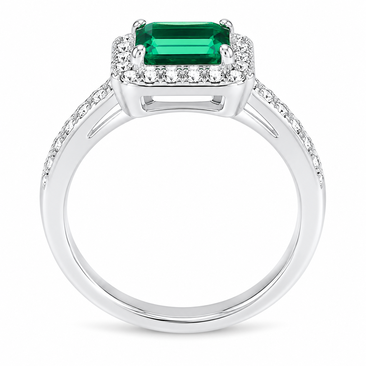 Emerald & Diamond Halo Ring, 925 Sterling Silver Band