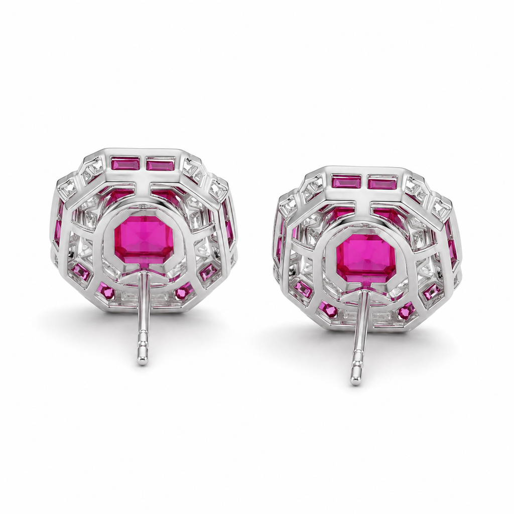 Square Lab-Grown Ruby Stud Earrings, 925 Sterling Silver Band