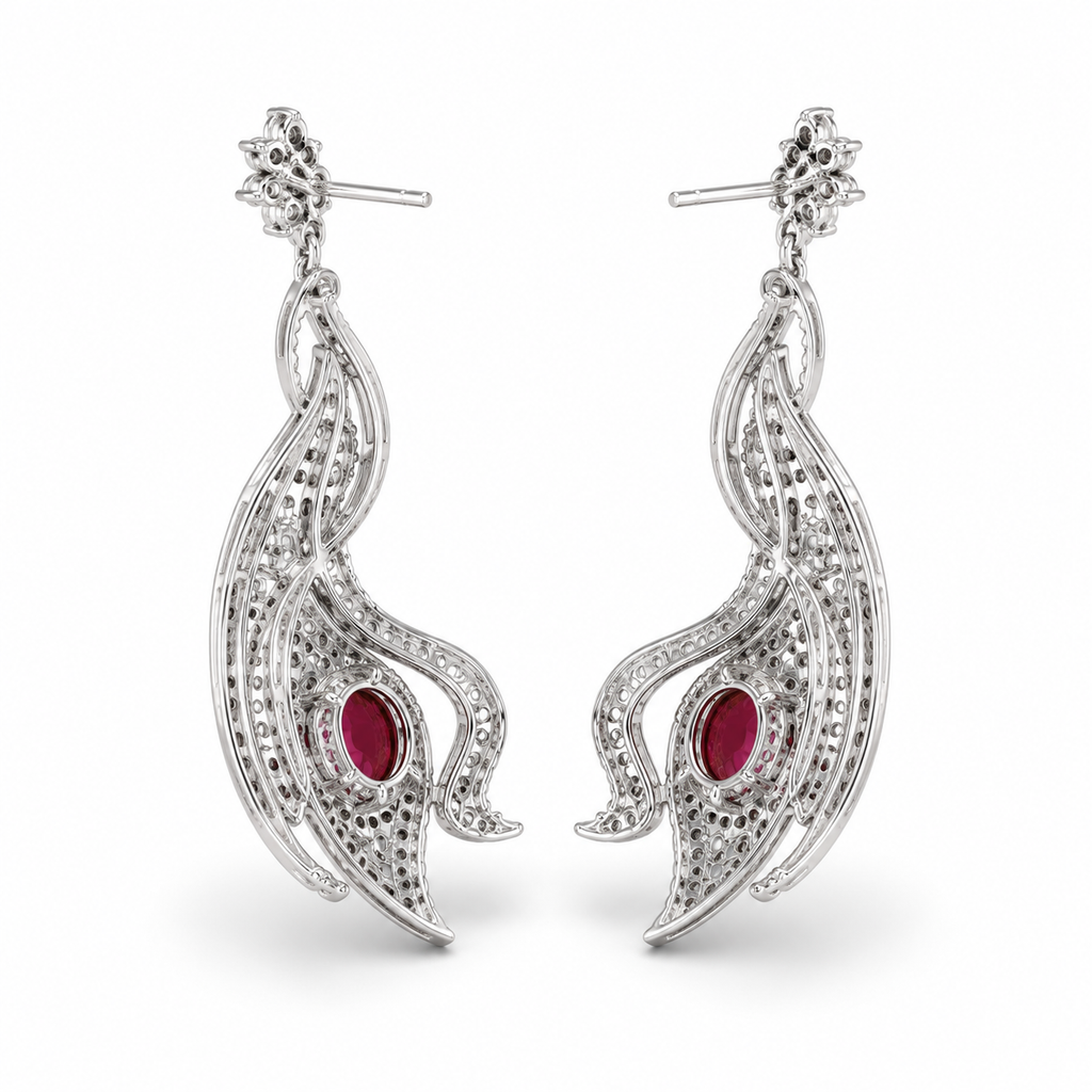 Oval Ruby Long Dangle Earrings, 925 Sterling Silver Band