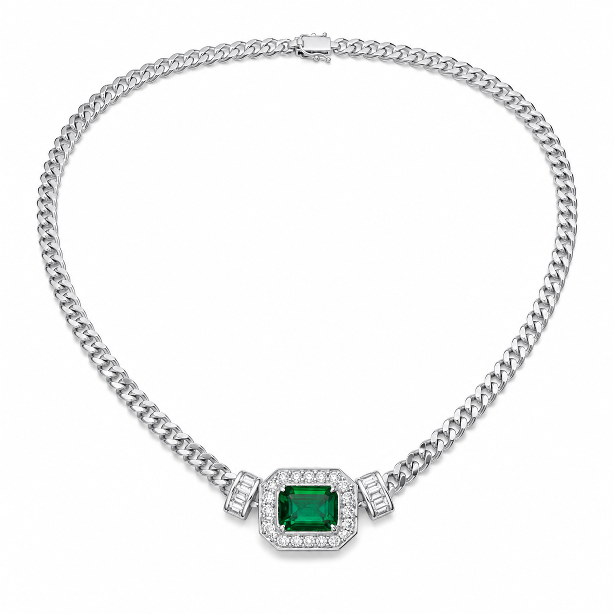 Green Lab-Grown Gemstone Necklace, Silver Chain