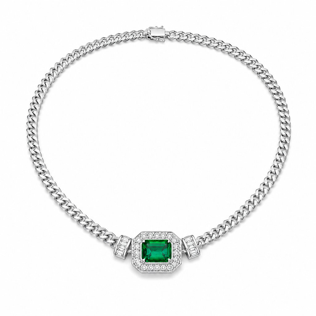 Green Lab-Grown Gemstone Necklace, Silver Chain