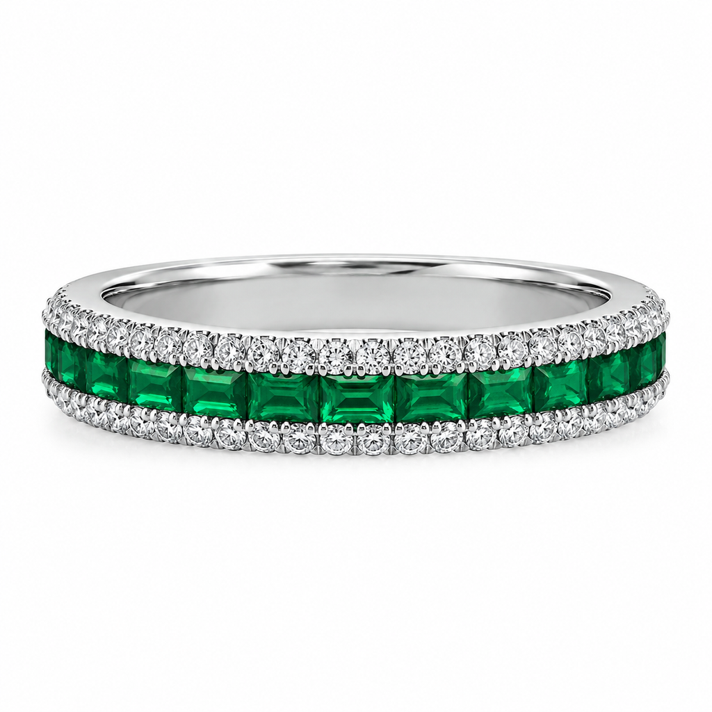 Emerald & Diamond Halo Ring, 925 Sterling Silver Band