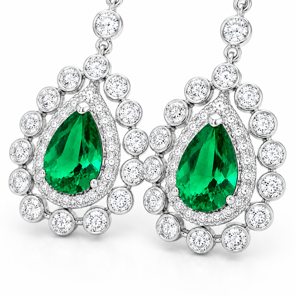 Pear-Shaped Emerald Halo Drop Earrings, 925 Sterling Silver Band