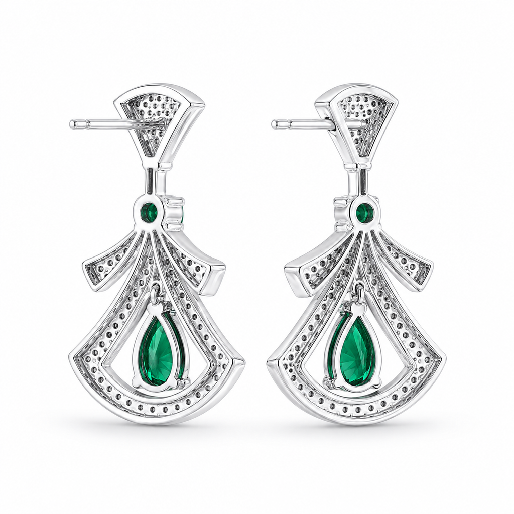 Pear Emerald Drop Earrings, 925 Sterling Silver Band