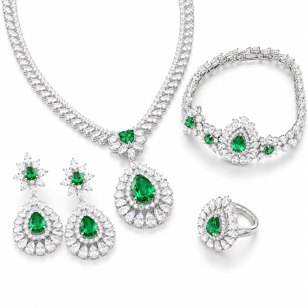 Pear Shape Emerald Gemstone Jewelry Suite, 925 Sterling Silver
