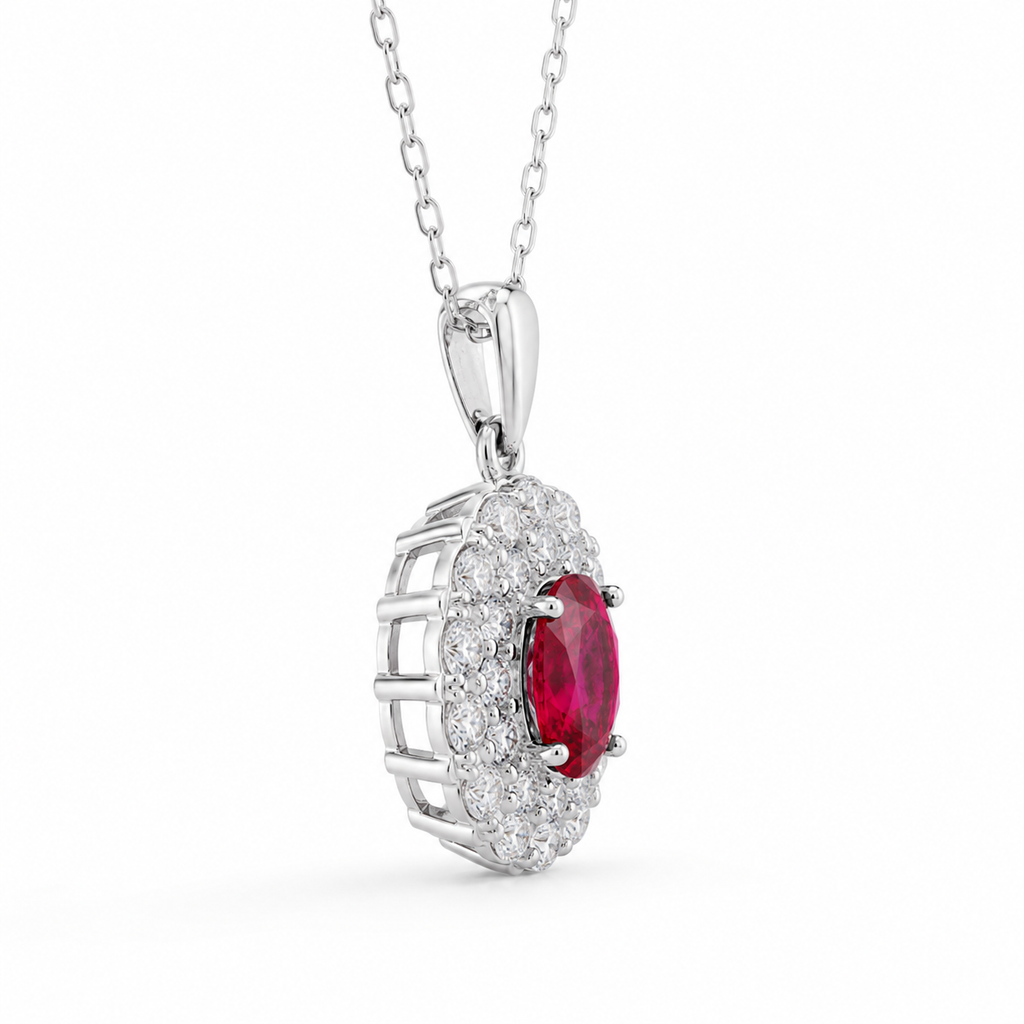 Red Lab-Grown Gemstone Pendant Necklace, Silver Chain