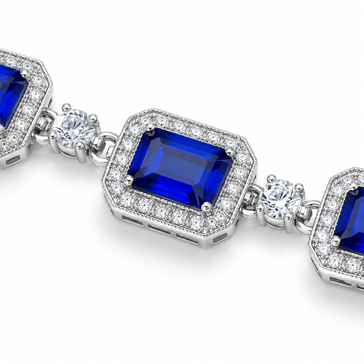 Emerald Cut Sapphire Halo Link Bracelet, 925 Sterling Silver