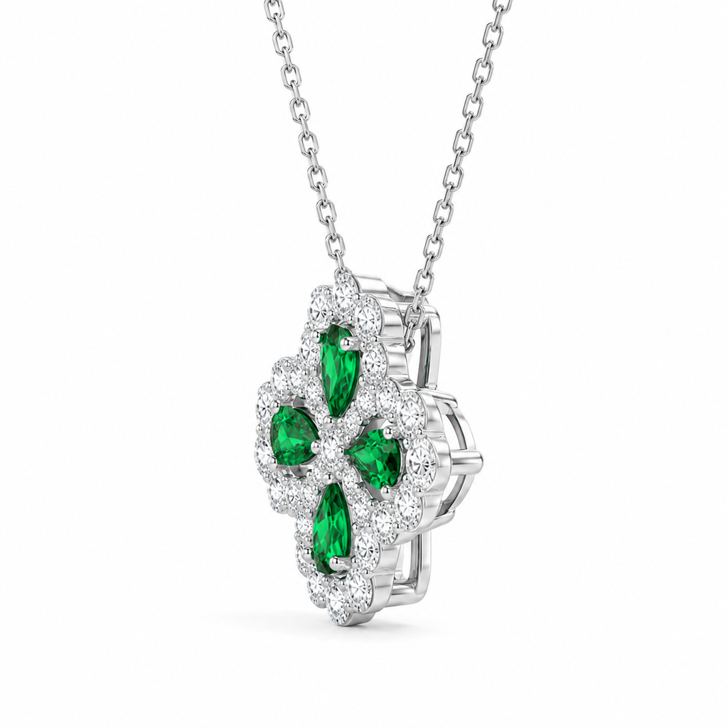 Green Lab-Grown Gemstone Four-Leaf Clover Pendant Necklace, Silver Chain