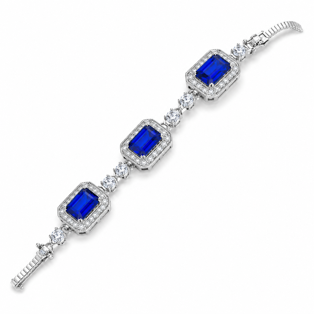 Emerald Cut Sapphire Halo Link Bracelet, 925 Sterling Silver