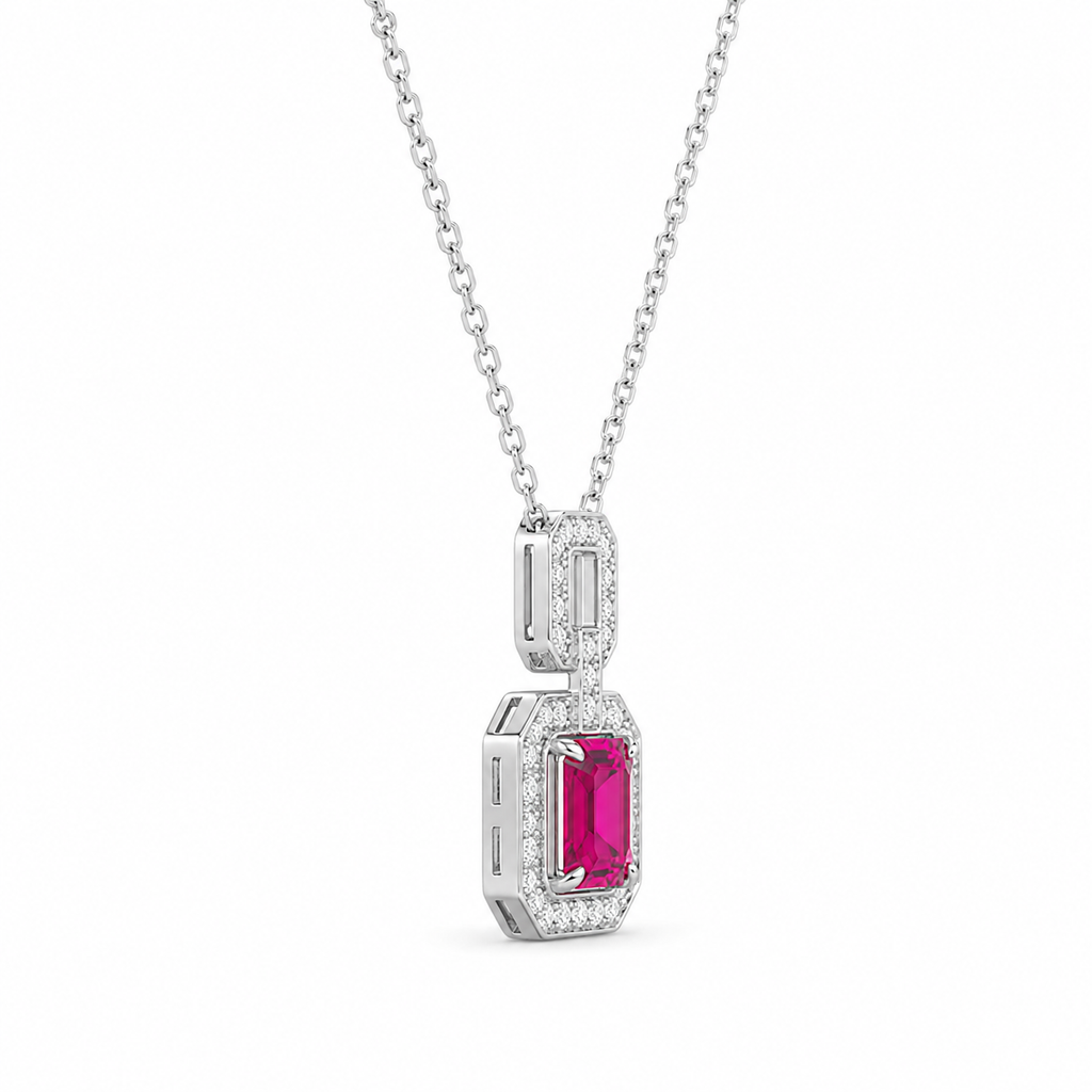 Pink Lab-Grown Gemstone Pendant Necklace, Silver Chain