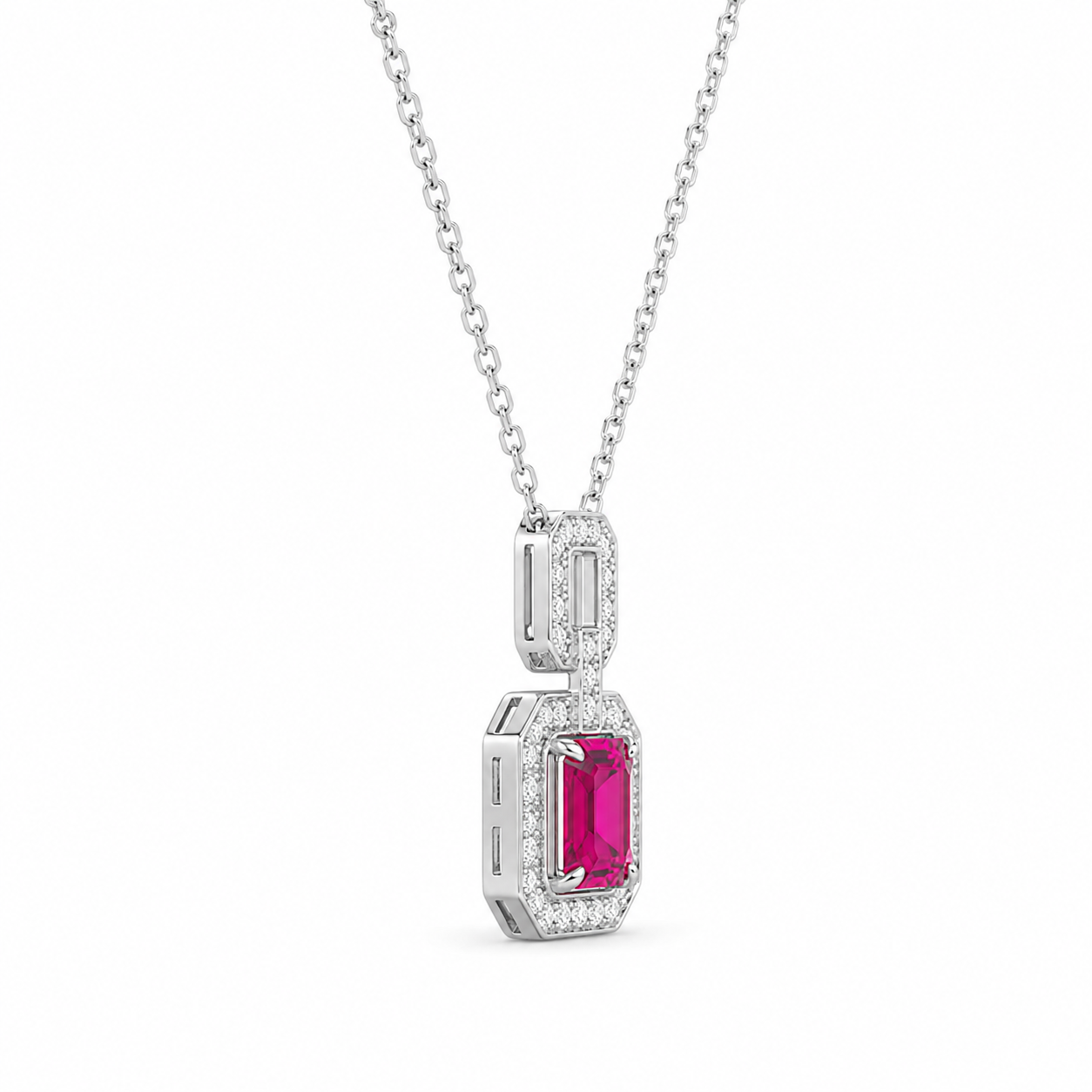 Pink Lab-Grown Gemstone Pendant Necklace, Silver Chain
