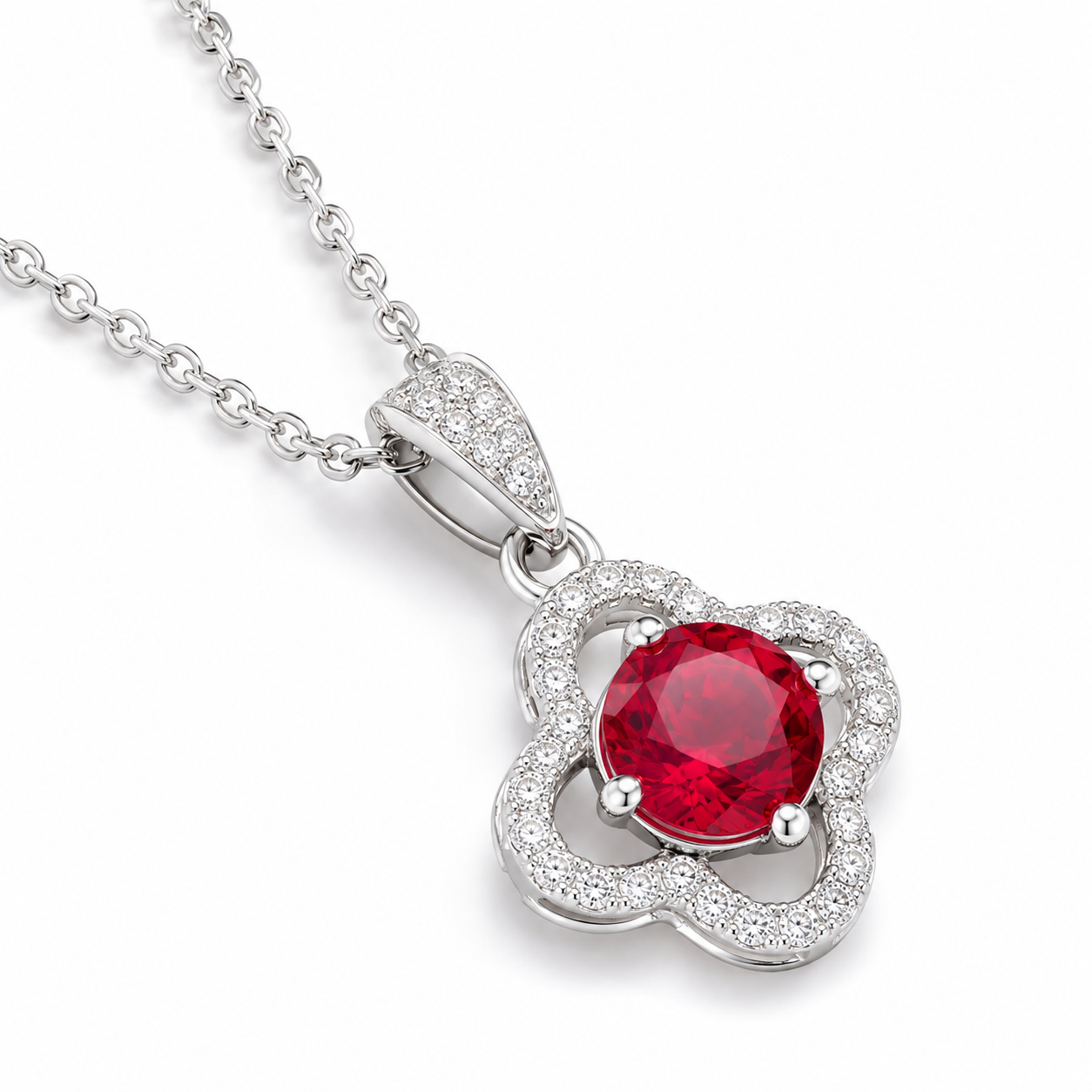 Red Lab-Grown Gemstone Pendant Necklace, Silver Chain